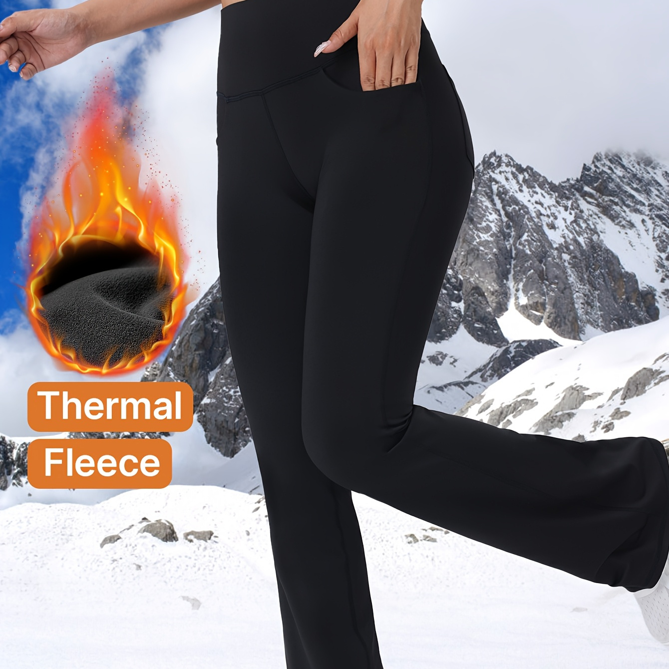 

1pc Women's High Waist Thermal Fleece Flare Leg Pants, 87% Polyester 13% Spandex, Solid Color, Long Length, Multiple Pockets, Sports Style, Knit Fabric, Stretchy Fitness Trousers For Fall/winter