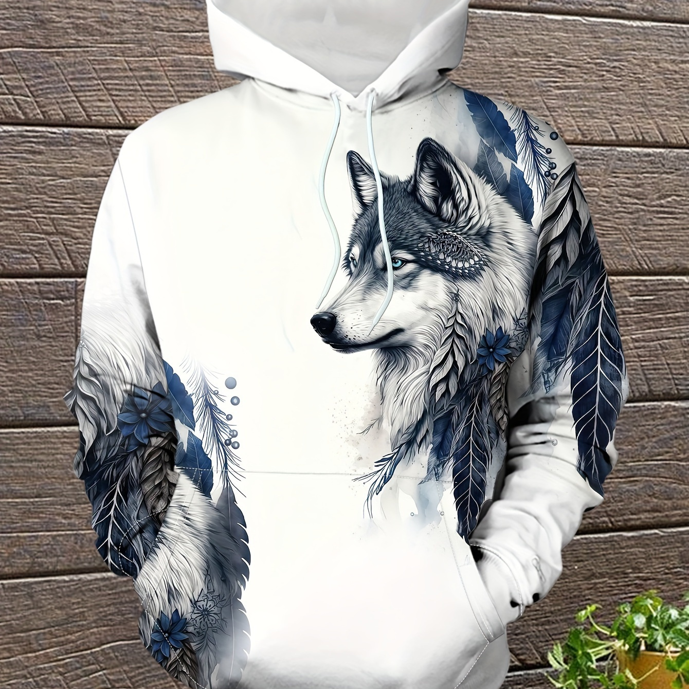 

Style de peinture Loup et feuille Imprimé Sweat à capuche tendance pour homme, Sweat à capuche ample avec cordon de serrage et poche kangourou pour le printemps et l'automne