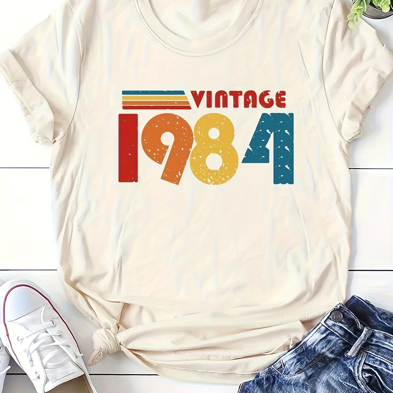 

Vintage 1984 Print Crew Neck T-shirt, Short Sleeve Casual Top For Summer & Spring, Women's Clothing