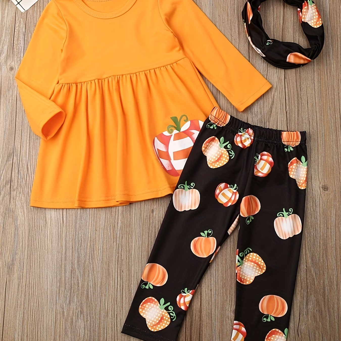 Girl Cute Halloween Theme Printed Three-piece Set --Long-sleeved Dress Shirt And Pumpkin-printed Long Pants + Headwear