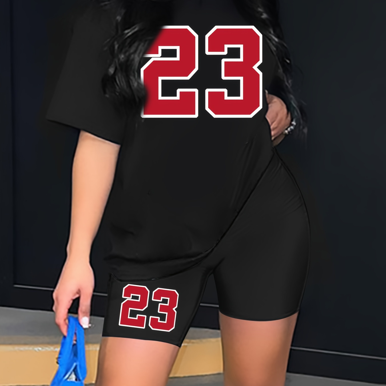 

Number 23 Print Two-piece Set For Summer & Spring, Basketball Game Theme Short Sleeve Drop Shoulder Casual Top & Shorts, Women's Clothing