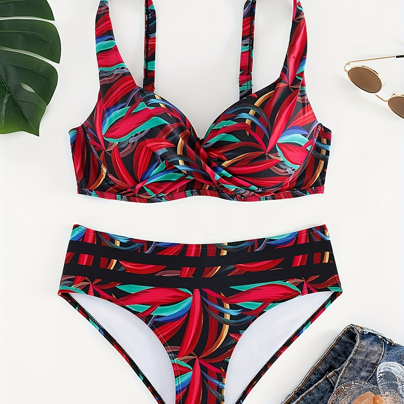 

Allover Leaf Print Underwire Push Up 2 Piece Set Bikini, V Neck Red Contrast Striped Swimsuits, Women's Swimwear & Clothing