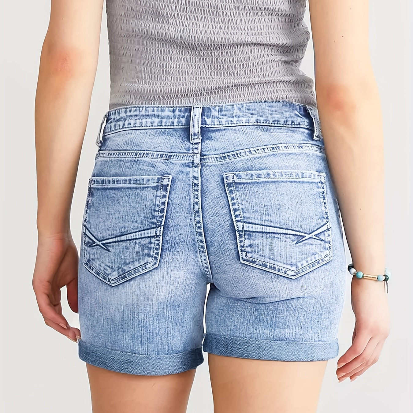 

Women's Stretchy Embroidered Denim Shorts, Casual Style, Light Wash, Stretchy Summer Fashion, Daily Wear