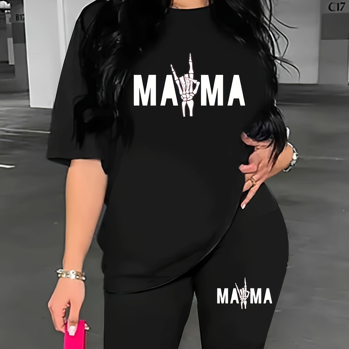 

Mama Print Casual 2 Piece Set, Crew Neck Short Sleeve T-shirt & Skinny Shorts Outfits, Women's Clothing