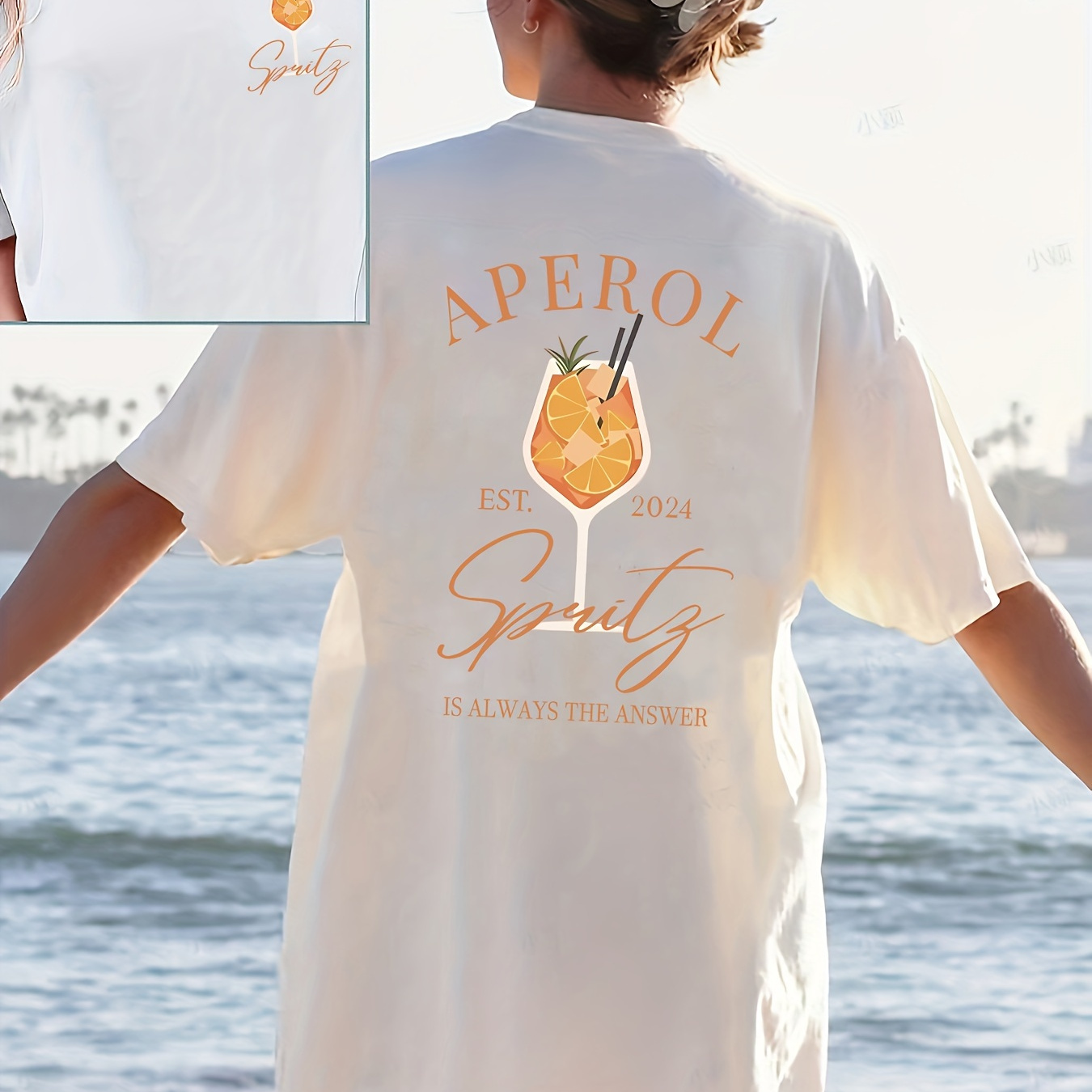 

Drink & Letter Print Drop Shoulder T-shirt, Short Sleeve Crew Neck Casual Top For Spring & Summer, Women's Clothing