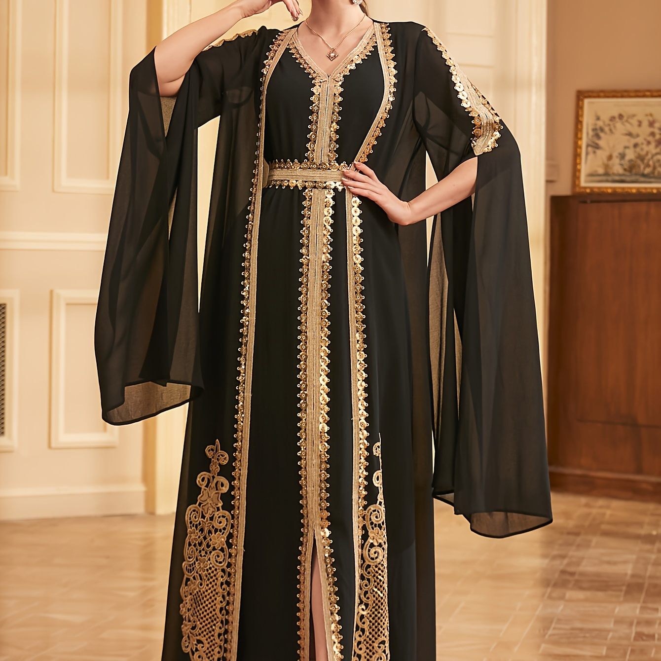 

Two-piece Set: Fashion Embroidered Vest With Waist And Long Skirt + Cardigan With Sequins And Split Long Sleeves