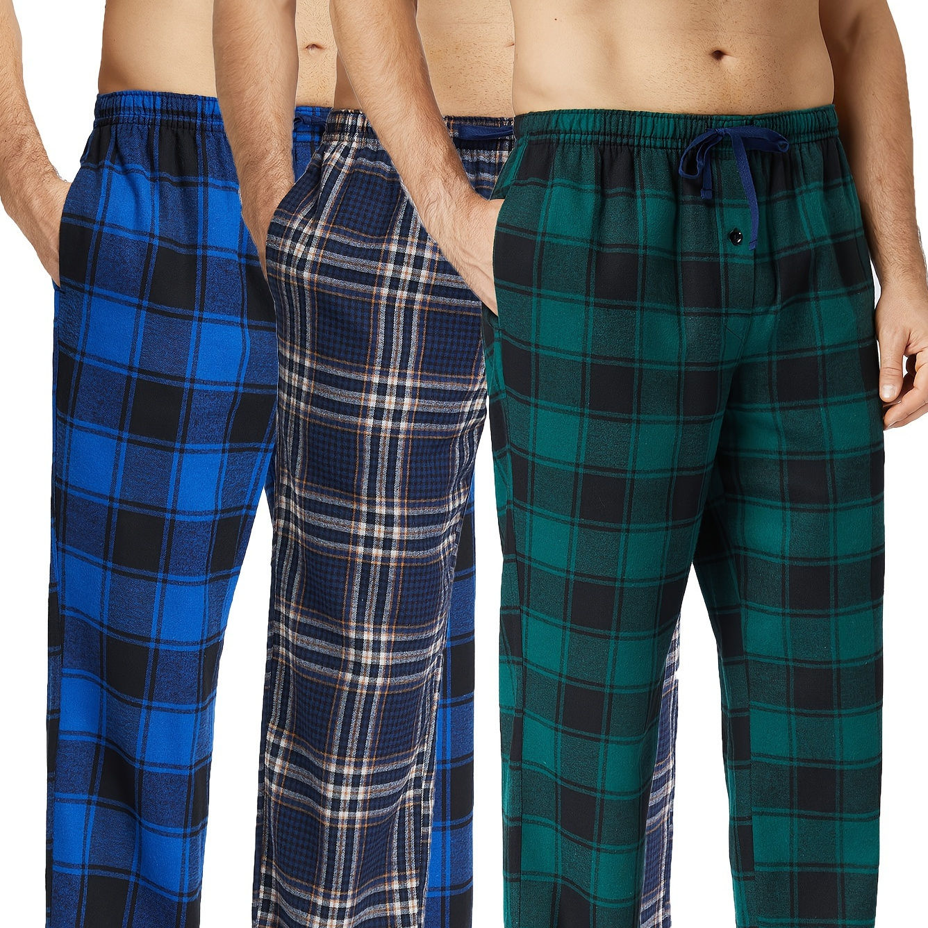 

3pcs Men's Flannel Pajama Bottom Casual Comfy Pants With Pocket, Trendy Warm Loose Stretchy Waistband