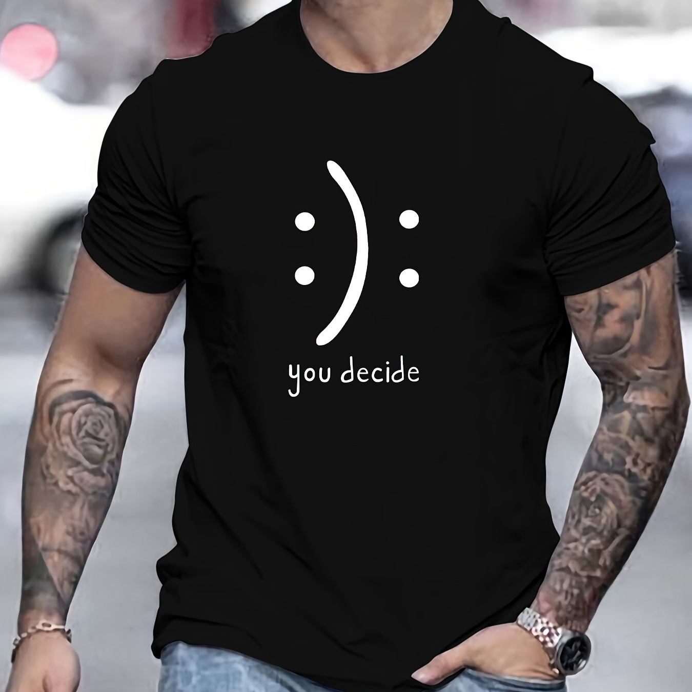 

You Decide & Smile Face Graphic Print Men's Trendy Short Sleeve T-shirts, Comfy Casual Breathable Tops For Men's Fitness Training, Jogging, Outdoor Activities