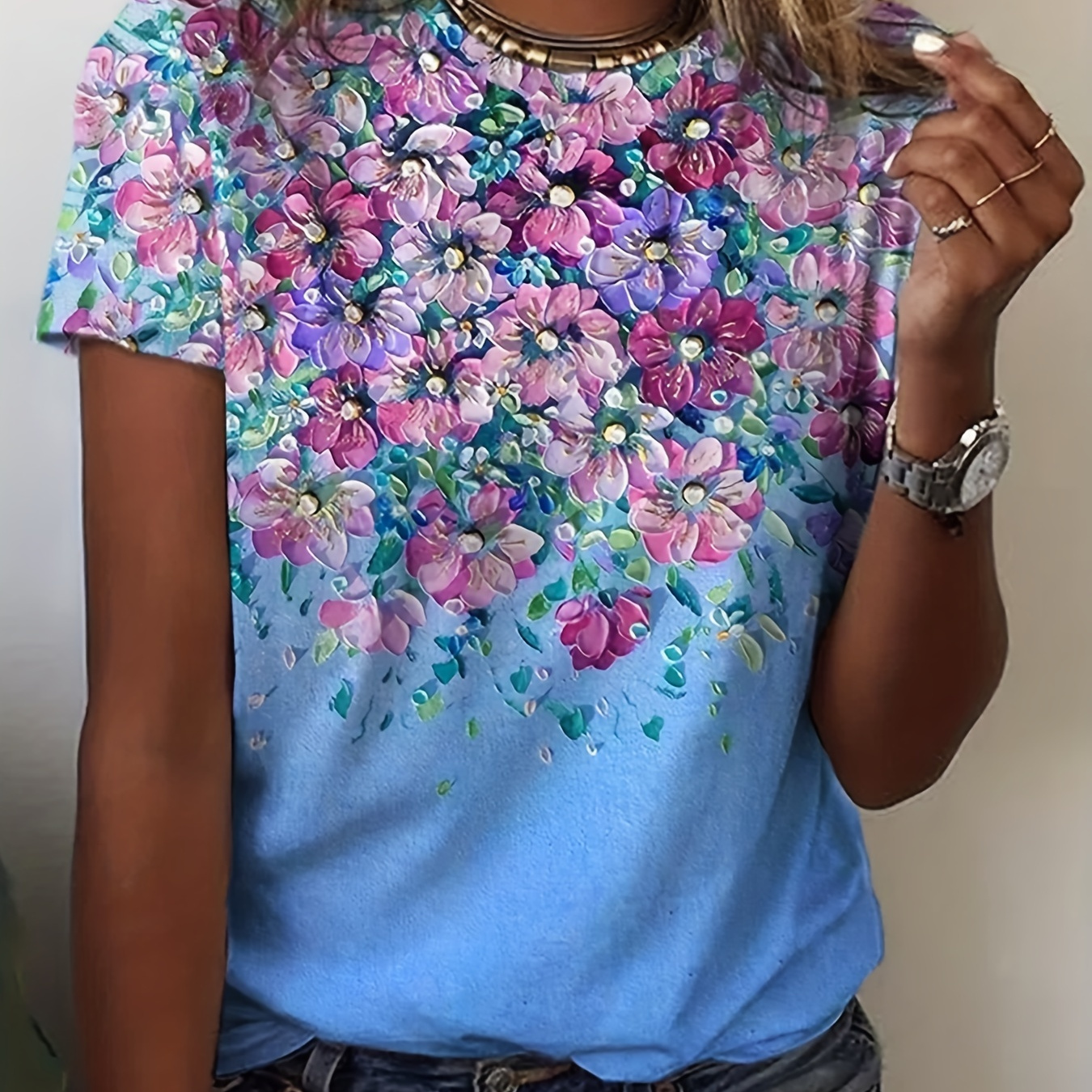 

Flower Neck T-shirt, Casual Short Sleeve Top For , Women's Clothing