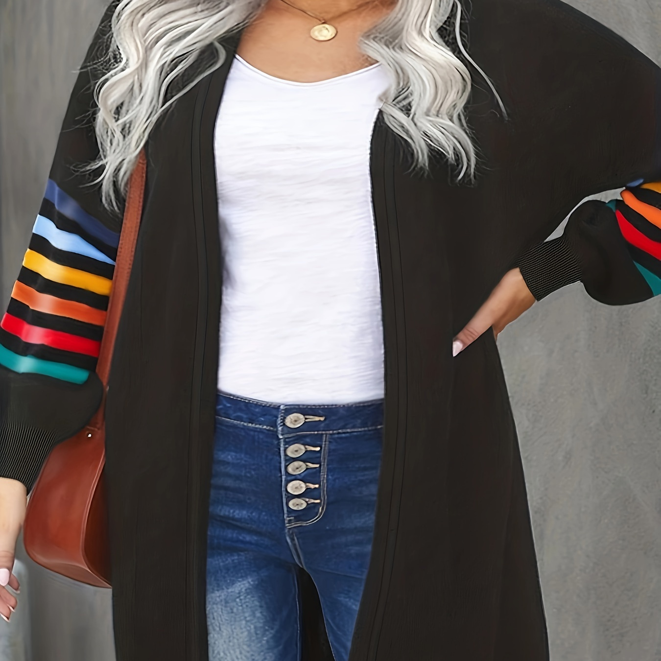 

Plus Size Casual Coat, Women's Plus Colorful Stripe Print Lantern Sleeve Open Front Sweater Cardigan