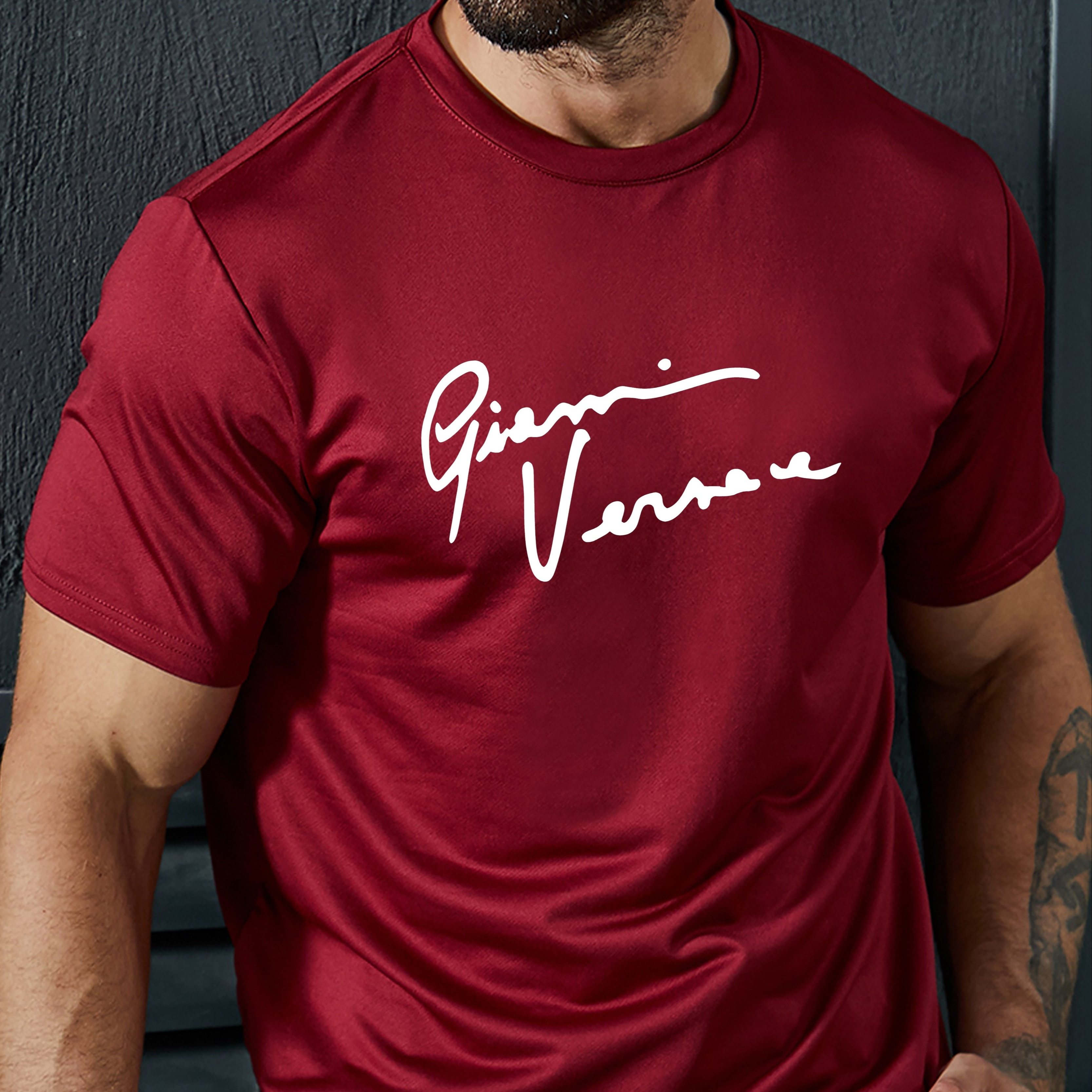 

Trendy Letter Print Men's Crew Neck Short Sleeve Tees, Casual T-shirt, Comfortable & Breathable Top For Summer, Outdoor Sports
