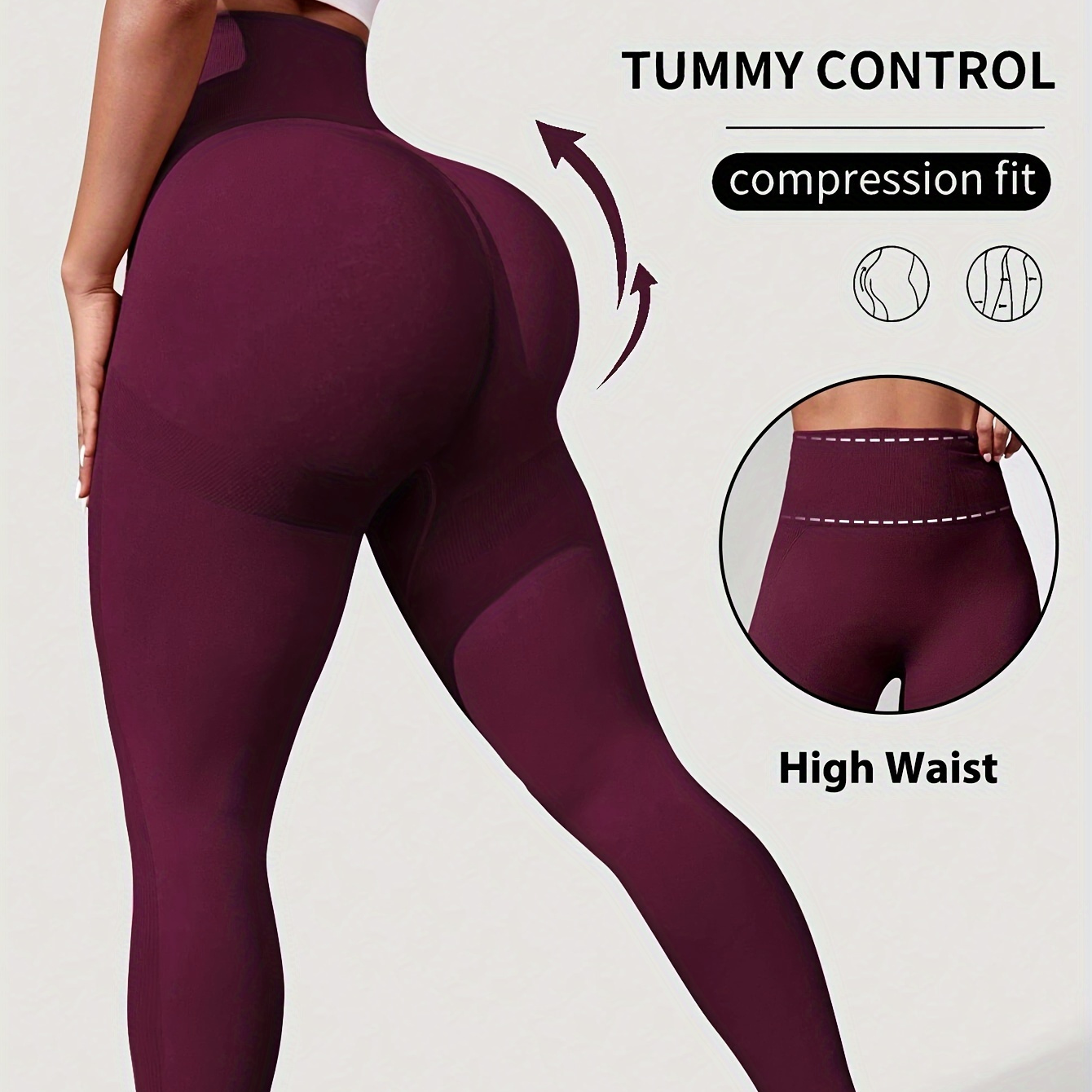 

High-waist Tummy Control Leggings - Polyamide/elastane Blend, Solid Color, Medium Stretch, Knit Fabric, Elastic Waist, Skinny Fit Sports Jegging For Women