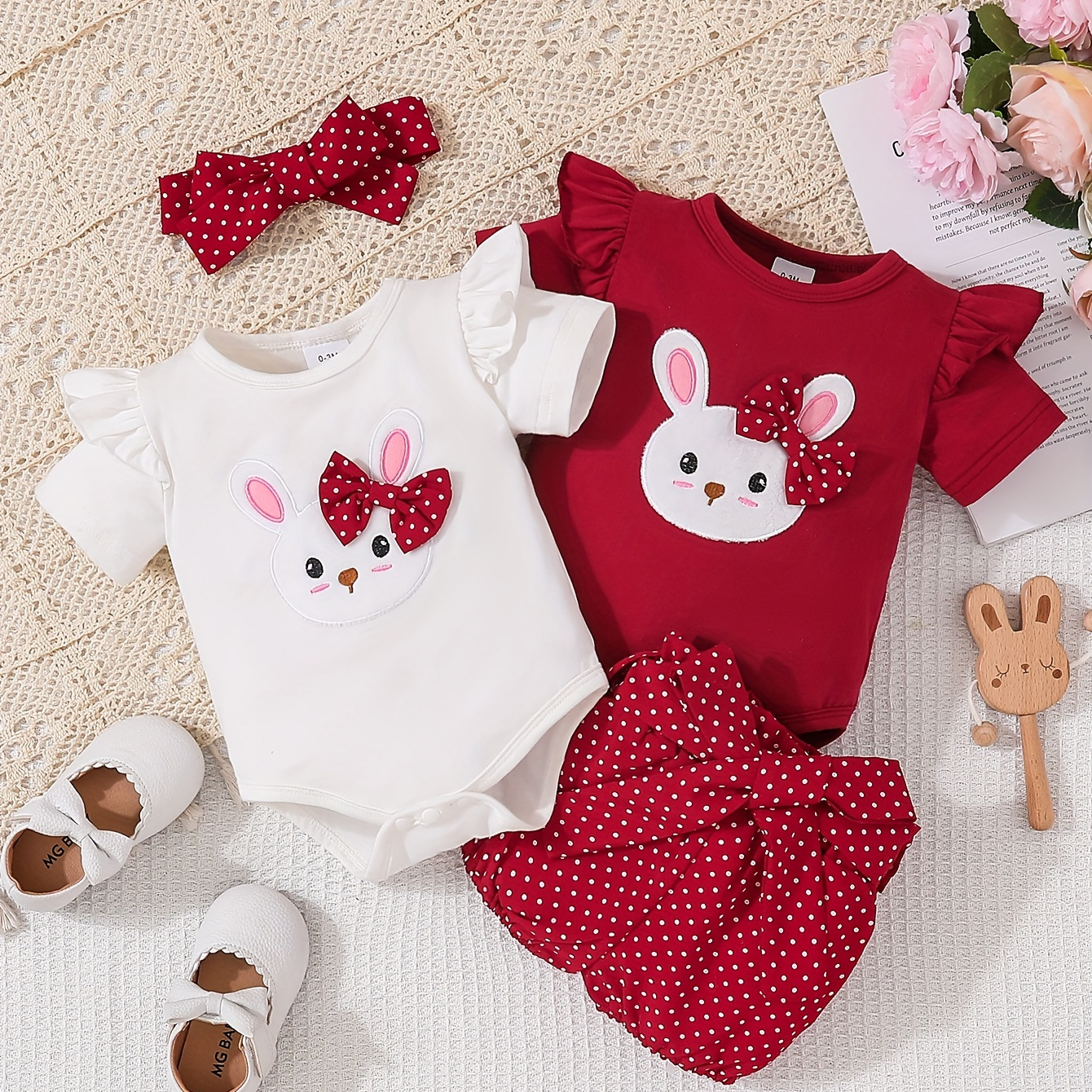 

3pcs Infant's Bunny Embroidered Summer Set, Short Sleeve Onesie & Polka Dots Pattern Shorts, Baby Girl's Clothes