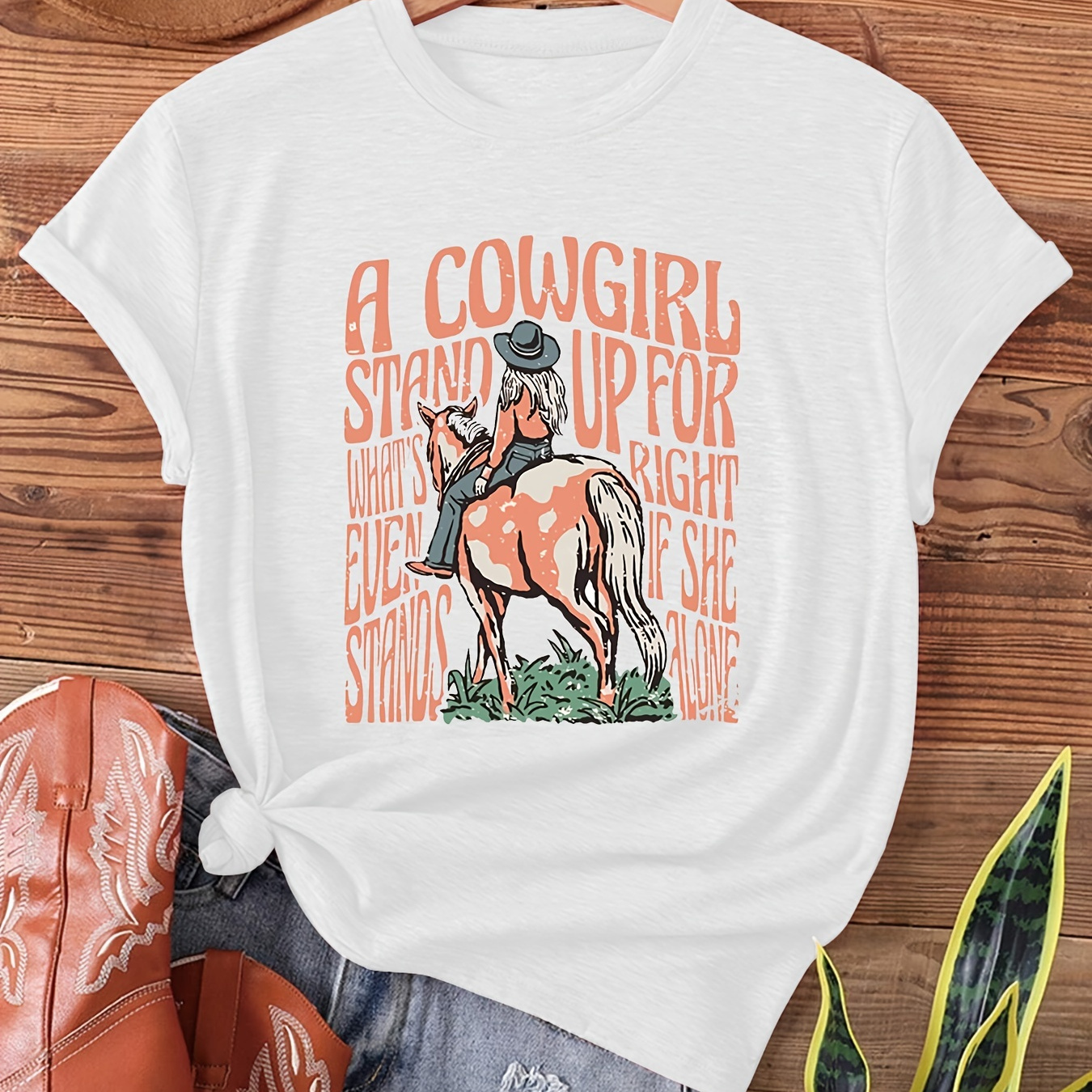 T-shirt Femme Imprimé Cheval - Col Rond, Manches Courtes, Coupe Ample, Tailles S à 5XL, Coton Confort