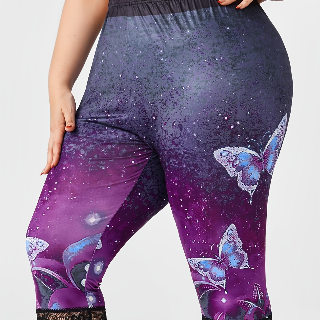 Plus Size Butterfly Print Contrast Lace Trim Capri Leggings Womens 