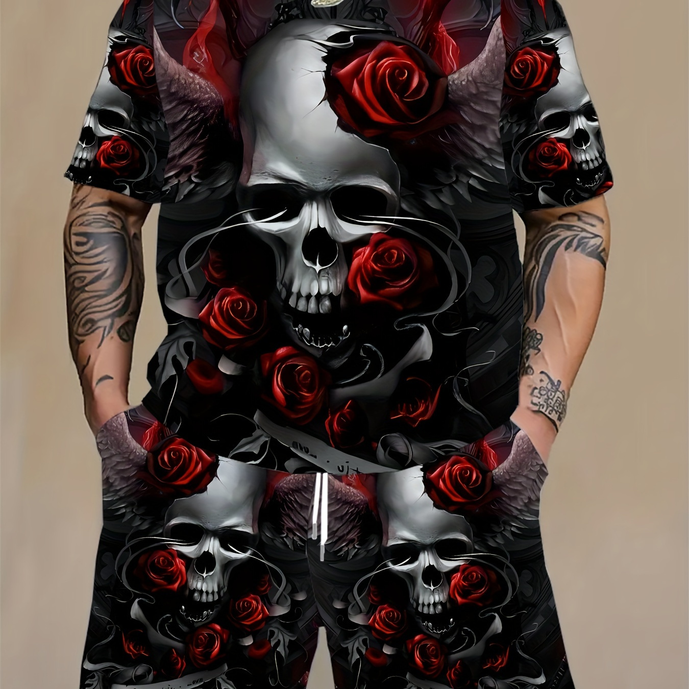 

Plus Size Men's Skull & Roses Graphic Print T-shirt & Shorts Set For Summer Outdoor Sports