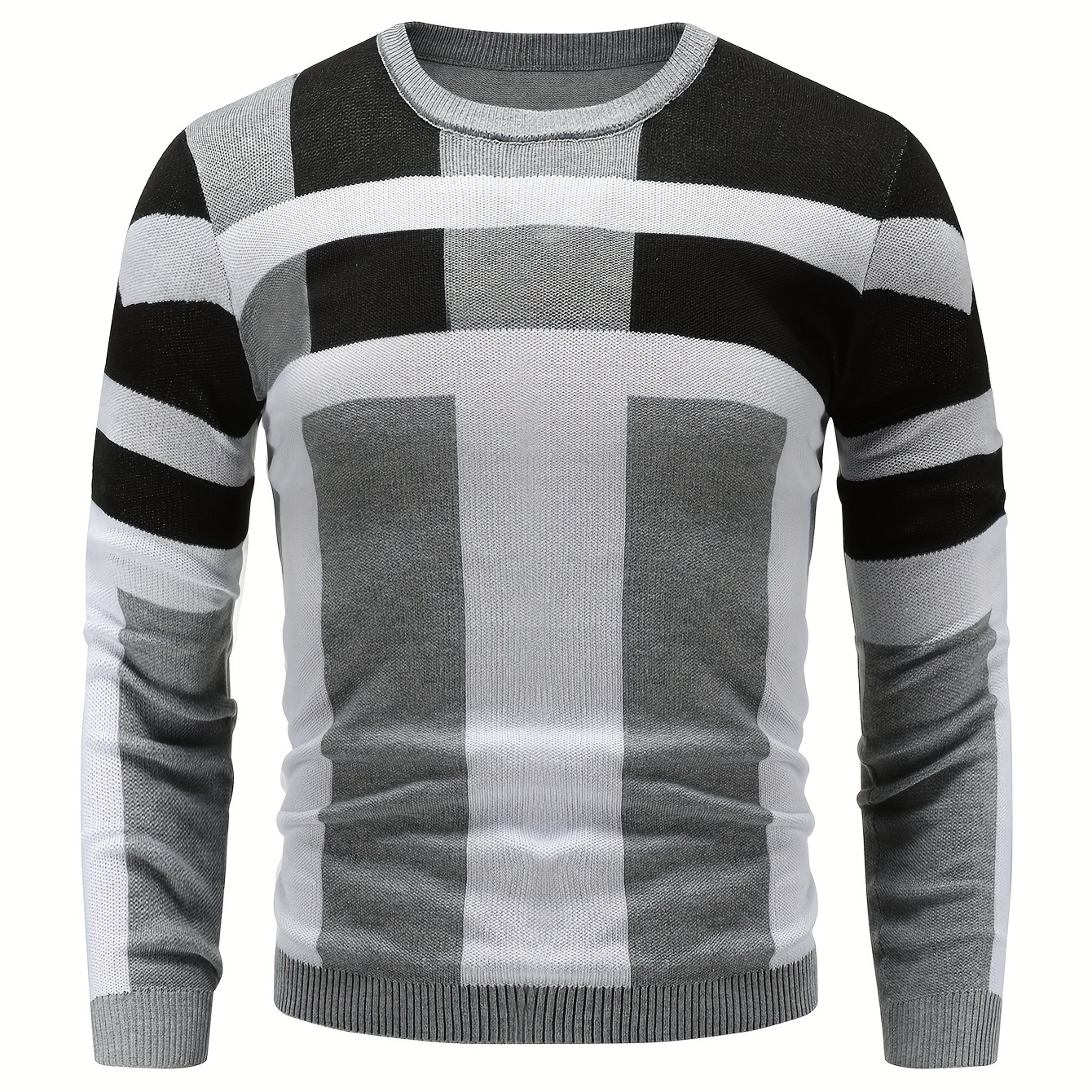 

Men's Striped Knitted Pullover, Casual Long Sleeve Crew Neck Sweater For