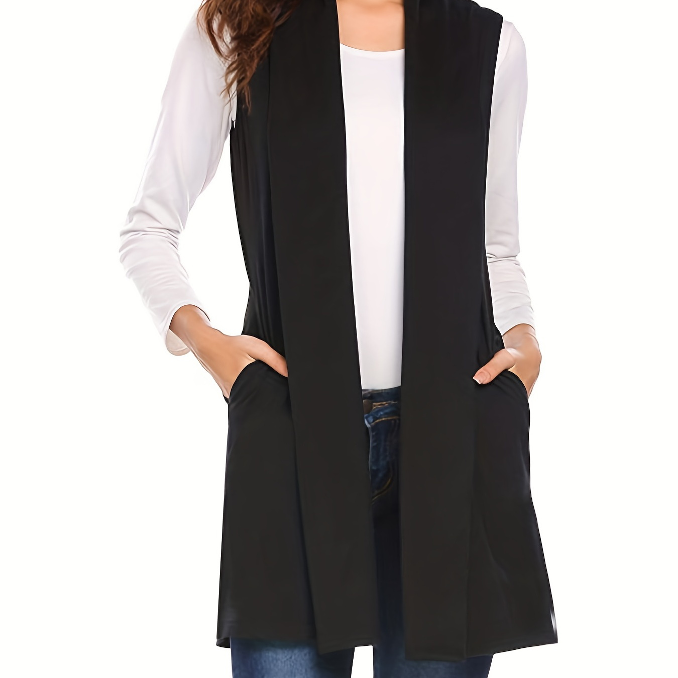 

Solid Sleeveless Vest, Elegant Mid Length Open Front Vest With Pockets, Women's Clothing