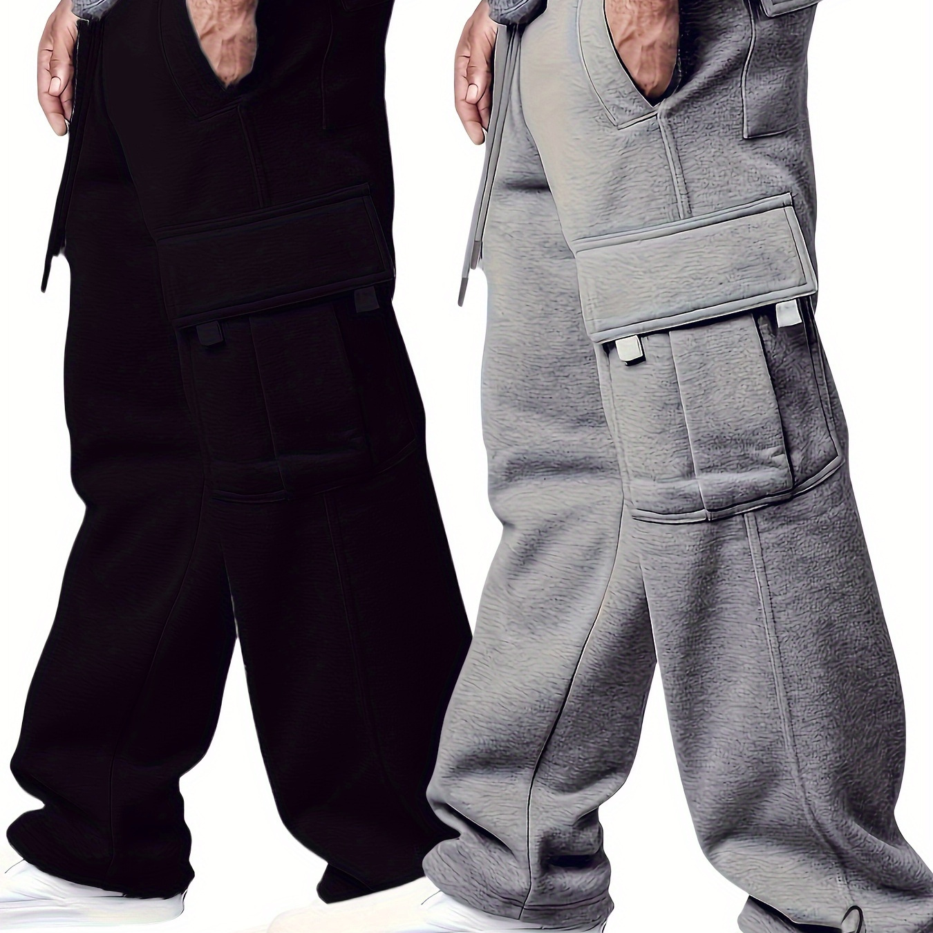 

2pcs, Men' Loose Fit Cargo Pants With Multiple Flap Pockets, Casual And Classic Sweatpants For Sports And Outdoors Activities, For Winter & Fall