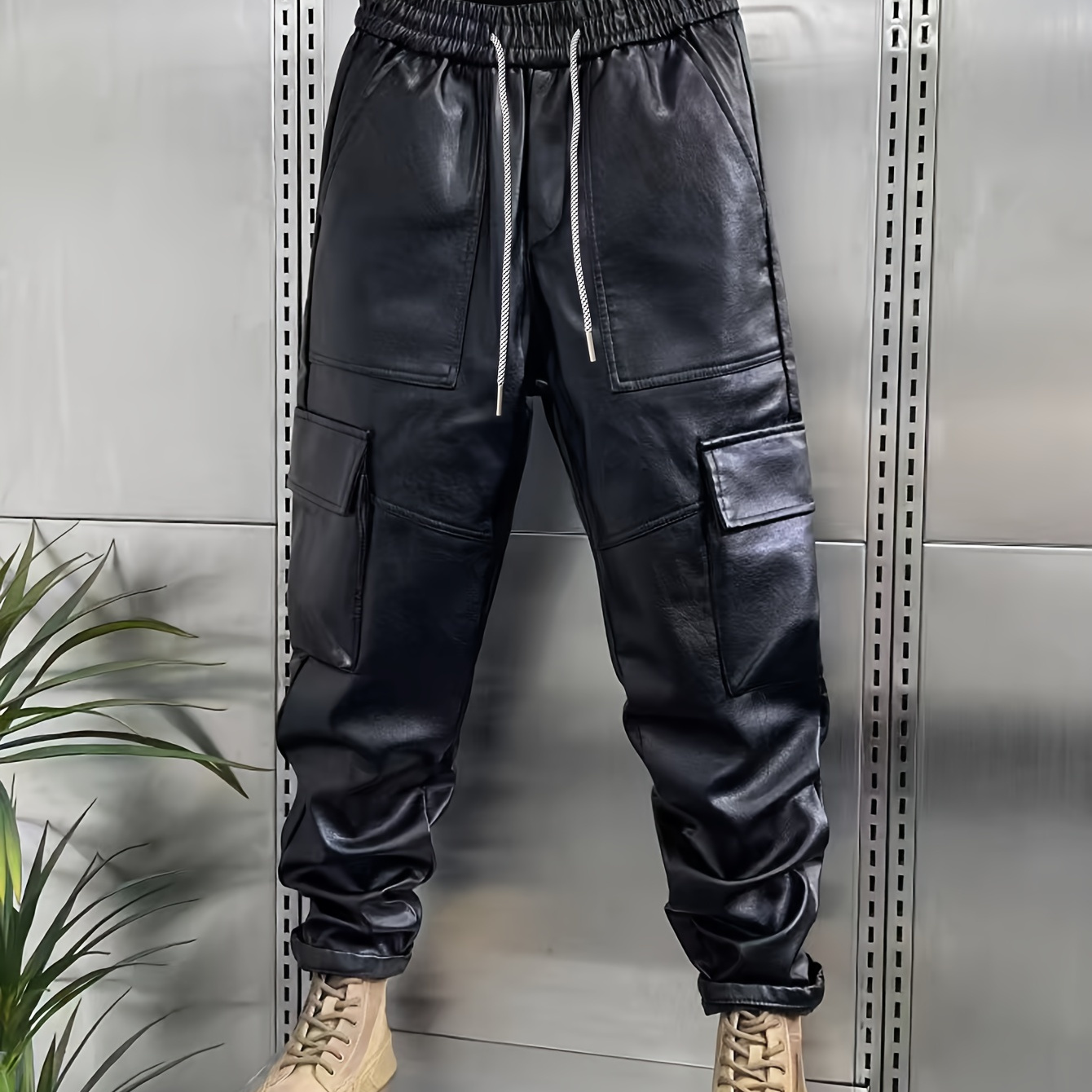 

1pc Men's Casual Motorcycle Cargo Pants, Polyester Solid Color Loose Fit With Large Pockets, Elastic Waist Drawstring, Woven Fabric