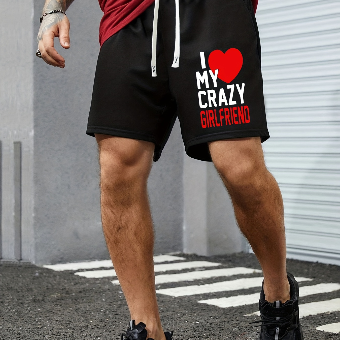 

I Love My Crazy Girlfriend, Men's Trendy Shorts, Casual Slightly Stretch Drawstring Shorts For Workout Outdoor, Men's Clothing For Summer