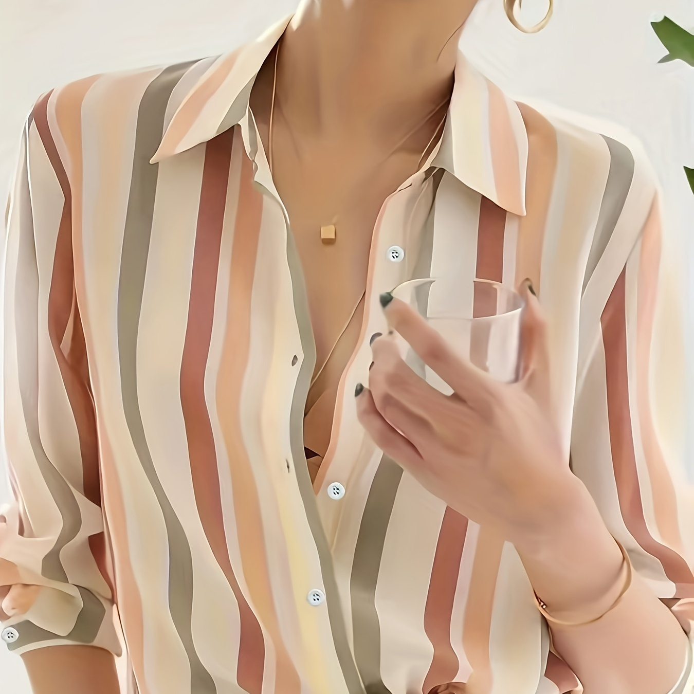 

Women's Fashion Striped Long Sleeve Shirt, Polyester, Casual Style, Regular Fit, Button-down, No Belt, Autumn, Middle East Collection, For Outings