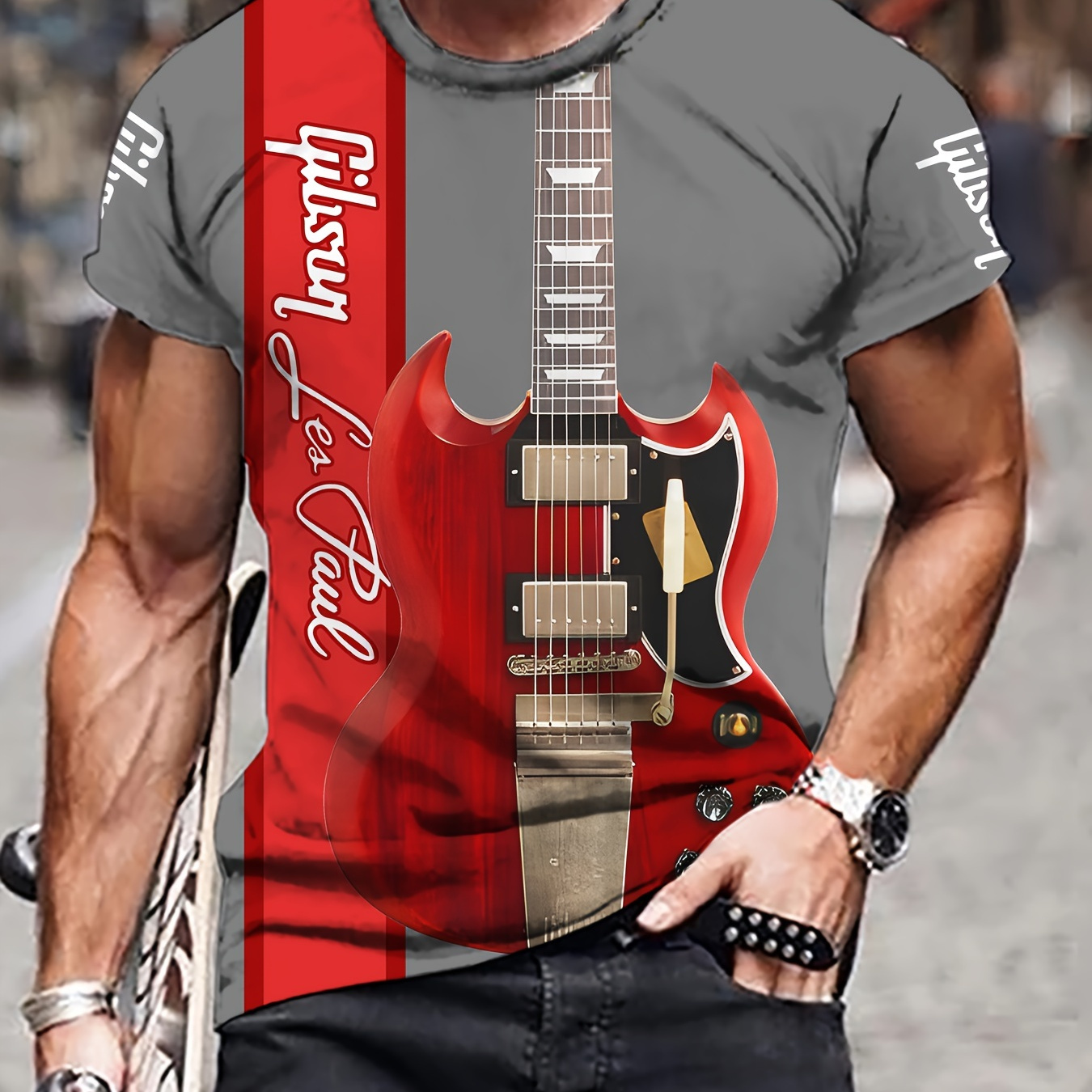 

Men's Guitar Graphic Print T-shirt, Casual Short Sleeve Crew Neck Tee, Men's Clothing For Outdoor