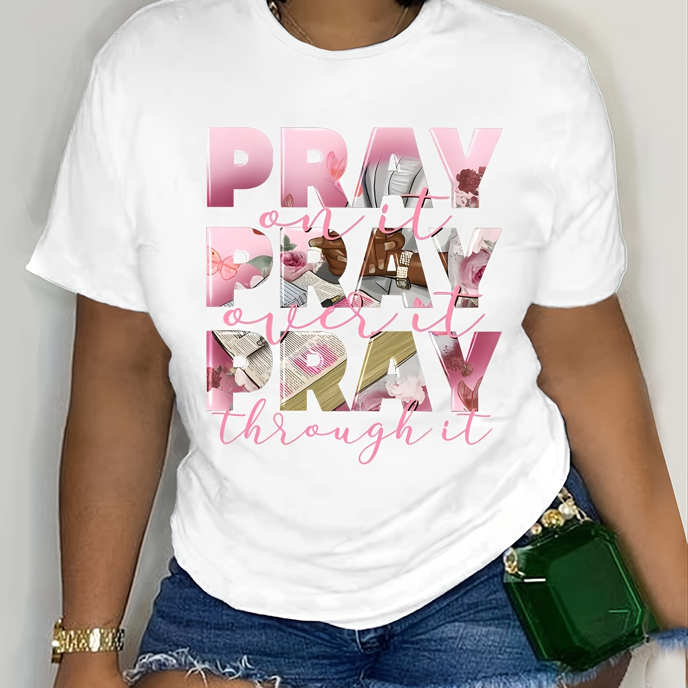 

Plus Size Letter Pray Print T-shirt, Casual Short Sleeve Top For Spring & Summer, Women's Plus Size Clothing