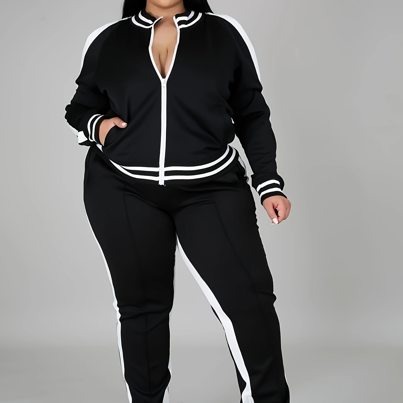 Plus Size Casual Outfits Set, Women's Plus Striped Long Sleeve Zipper  Jacket & Split Joggers Outfits Two Piece Set