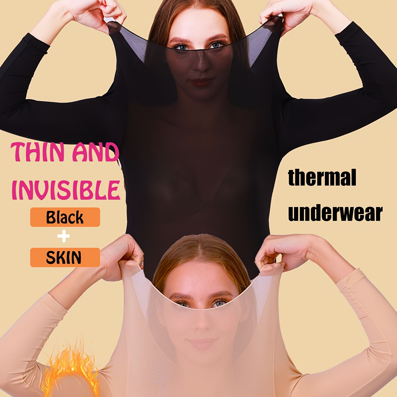 

2 pièces de sous-vêtements thermiques solides, haut extensible à col rond à manches longues , sous-vêtements et lingerie pour femmes pour et l'hiver