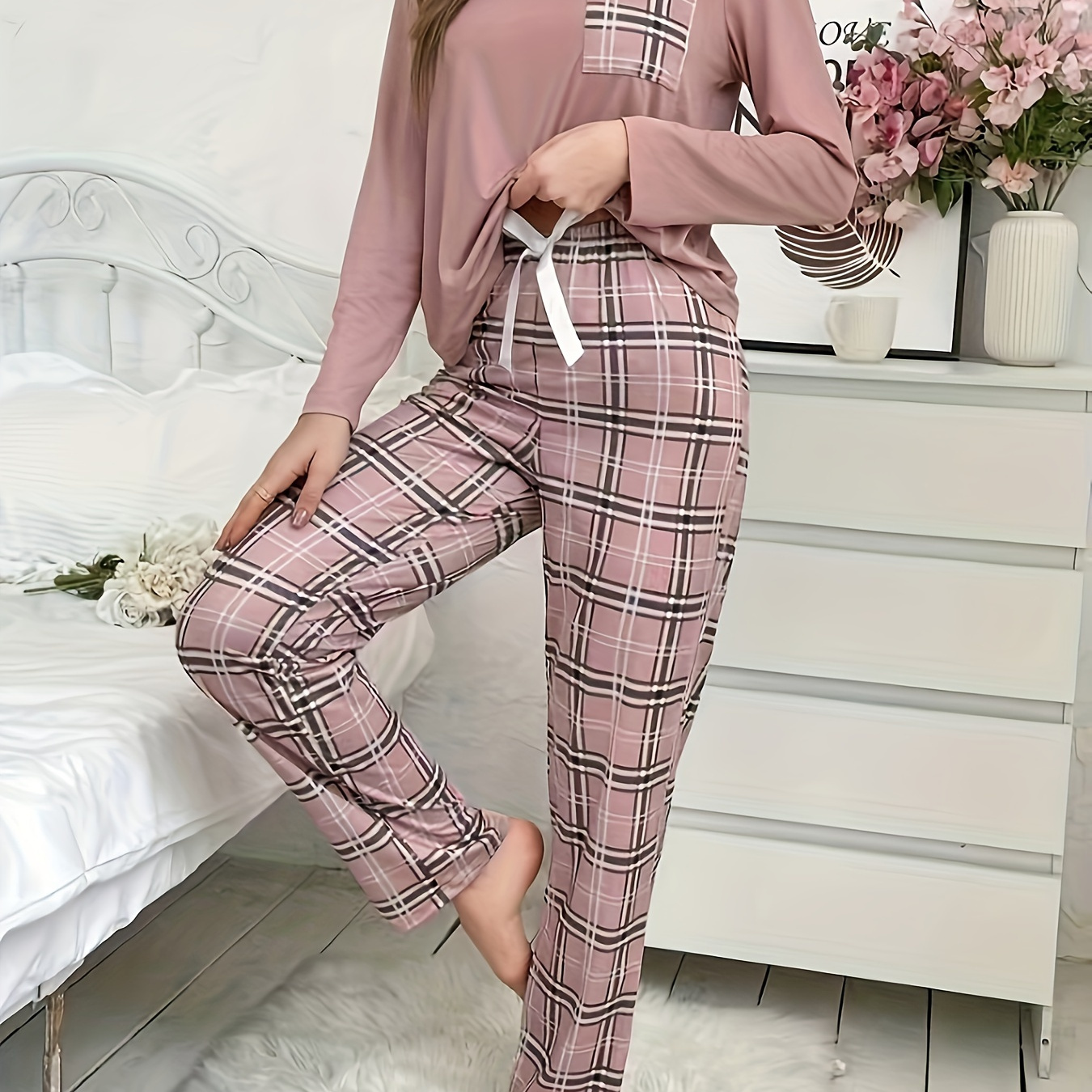 

Casual Plaid Print Pajamas Set, Long Sleeve Crew Neck Top & Pants, Women's Sleepwear & Loungewear For Fall/ Winter