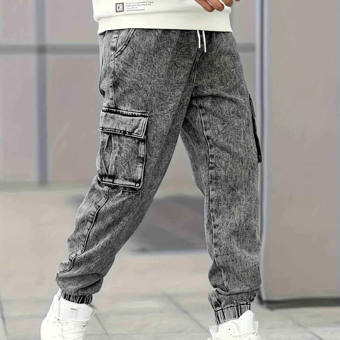 

- Washed - Non-stretch Mid-waist Pants, - Drawstring