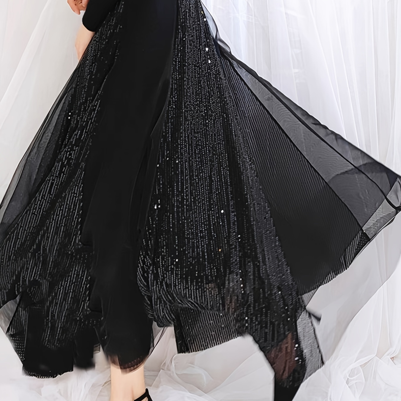 

1pc Elegant Black Sequin Mesh Splicing Long Skirt, High-waist A-line Polyester Knit Fabric With 75g/m² , For All