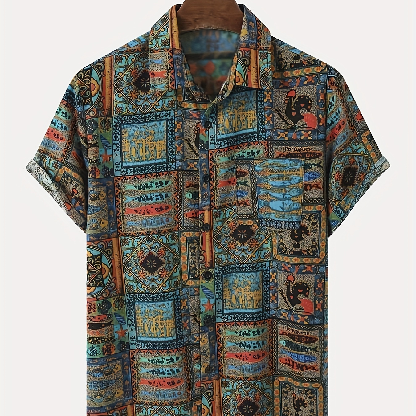 

Ethnic Tribal Print Men's Summer Fashionable And Simple Short Sleeve Button Casual Lapel Simple Shirt, Trendy And Versatile, Suitable For Dates, Beach Holiday, As Gifts