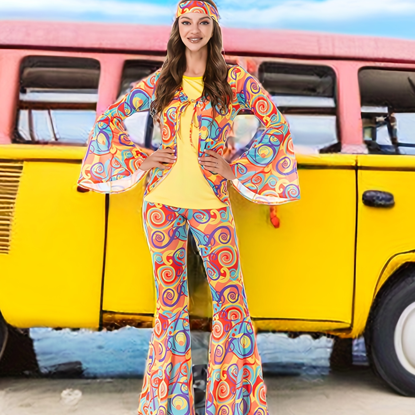 

Abstract Print Hippie Two-piece Set, Tie Front Flared Sleeve Tops & Flared Leg Long Length Pants Outfits, Women's Clothing