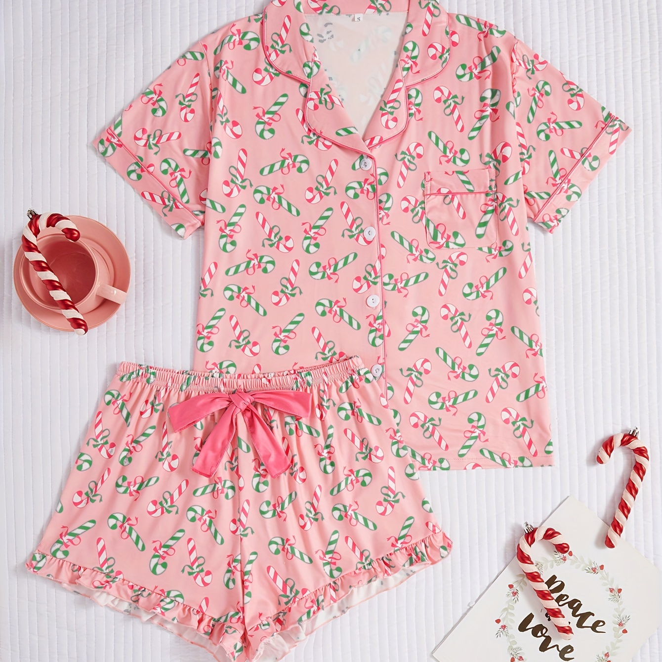 

Women's Cozy Knit Pajama Set With Christmas Candy Cane Print, Short Sleeve & Bow Tie Detail - Soft Polyester