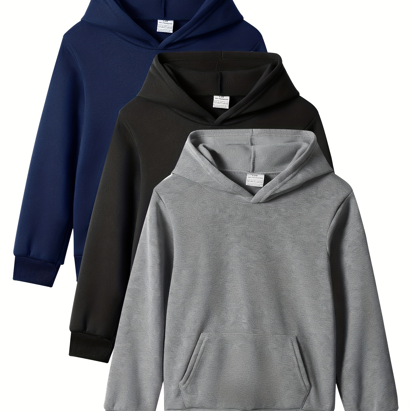 

Youth 3-pack Solid Color Hooded Sweatshirts With Pockets, 100% Polyester Casual Style, Knit Fabric, Long Sleeve Pullovers For Hiking & Daily Wear - Slight Stretch, Regular Fit For Ages 12 And Under