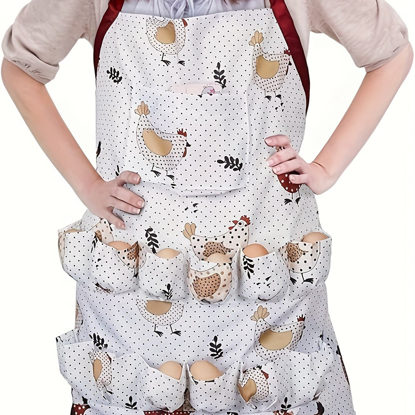 

Elegant Adjustable Halter Neck Apron With Egg Collection Pockets - Polyester, Non-stretch, Machine Washable - Kitchen & Party Wear