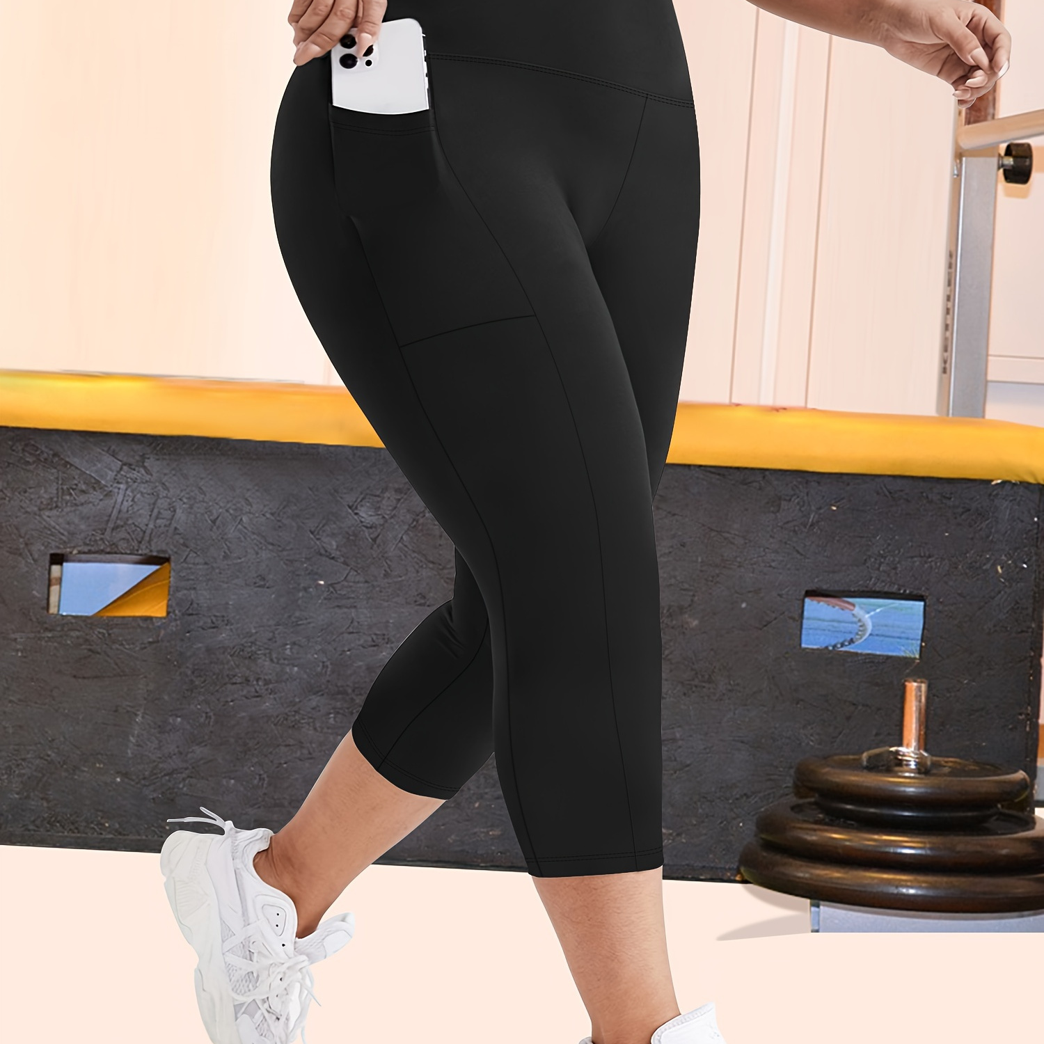 

Women's Plus Size High Waist Capri Leggings With Side Pockets, Plain Yoga Pants For Workout Running Gym