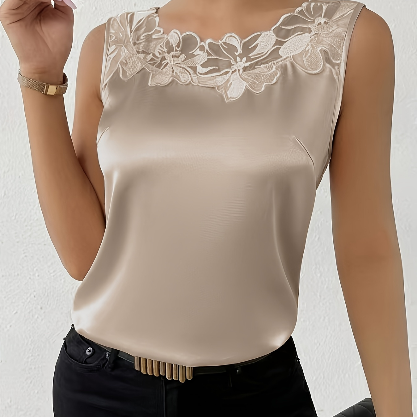 

Women's Elegant Sleeveless Shirt, Satin Patchwork With Lace Trim, Solid Color, Polyester 100%, Collarless, Ribbon Detail, Woven Fabric, 95 G/m², Spring/summer/fall - Adult