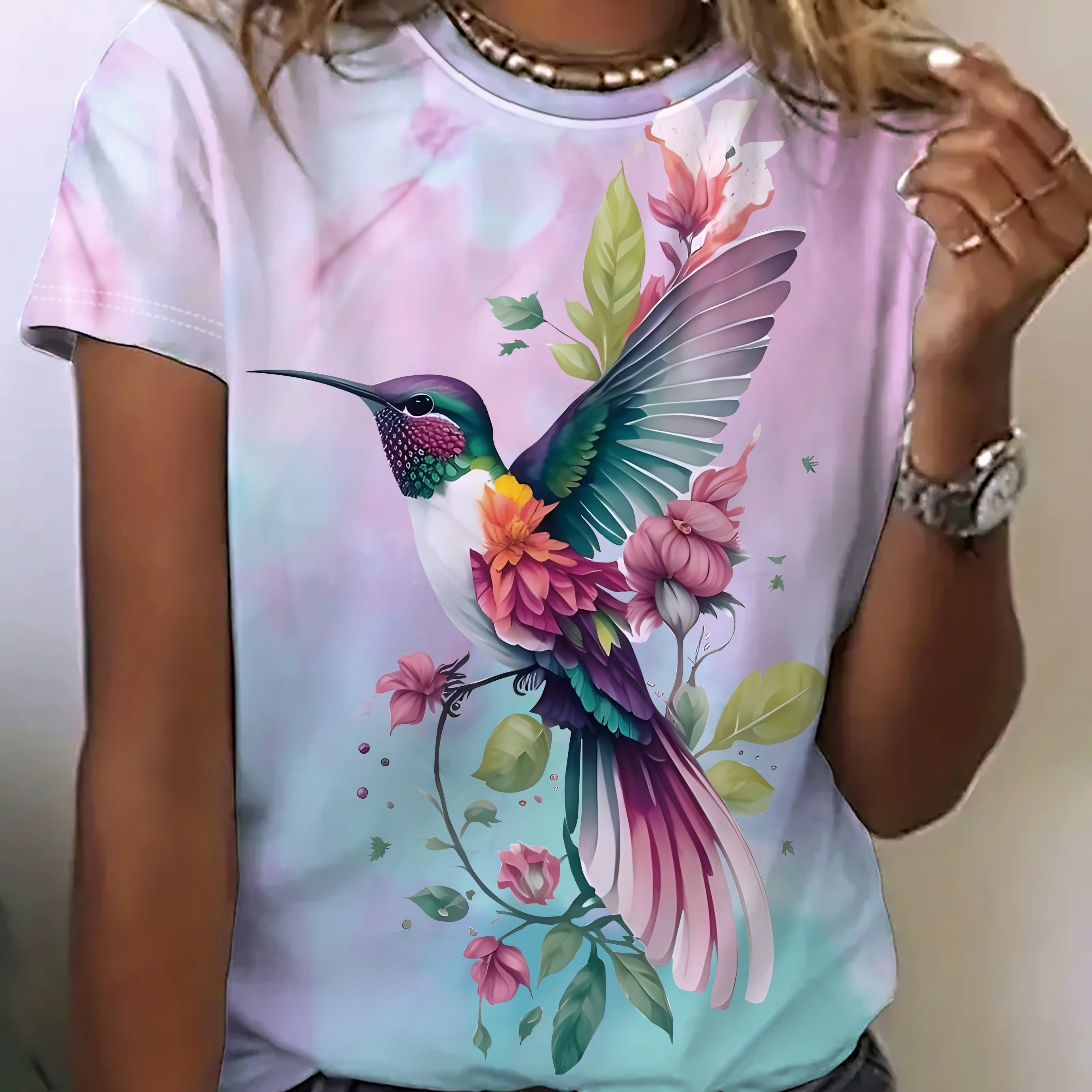 

Bird Print Crew Neck T-shirt, Casual Short Sleeve Top For Spring & Summer, Women's Clothing