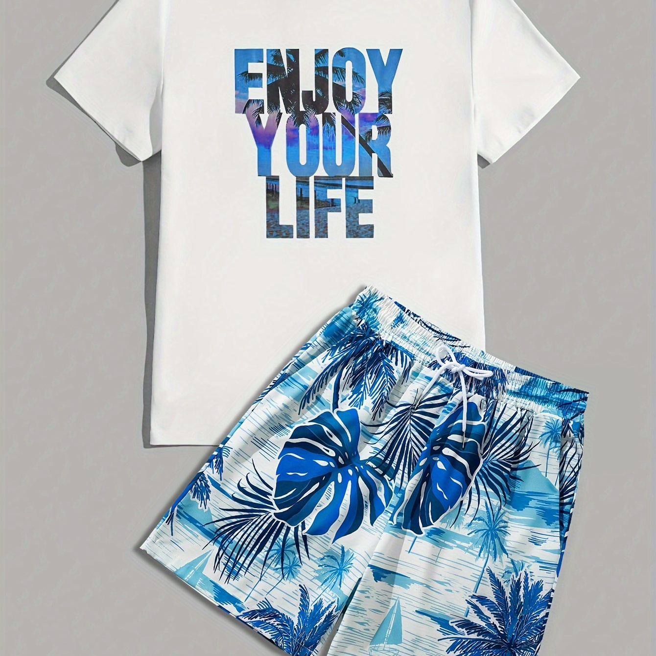 

Men's Casual Outfit, Summer T-shirt & Shorts Set, Comfortable Crew Neck Tee With Stylish Letter Print, Breathable Hawaiian Shorts With Drawstring Co Ord Set