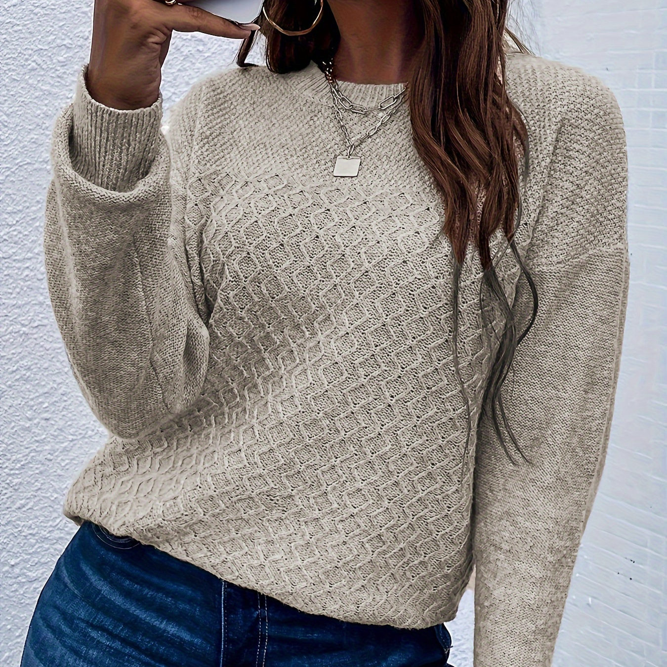 

Solid Crew Neck Pullover Sweater, Casual Long Sleeve Drop Shoulder Sweater, Women's Clothing