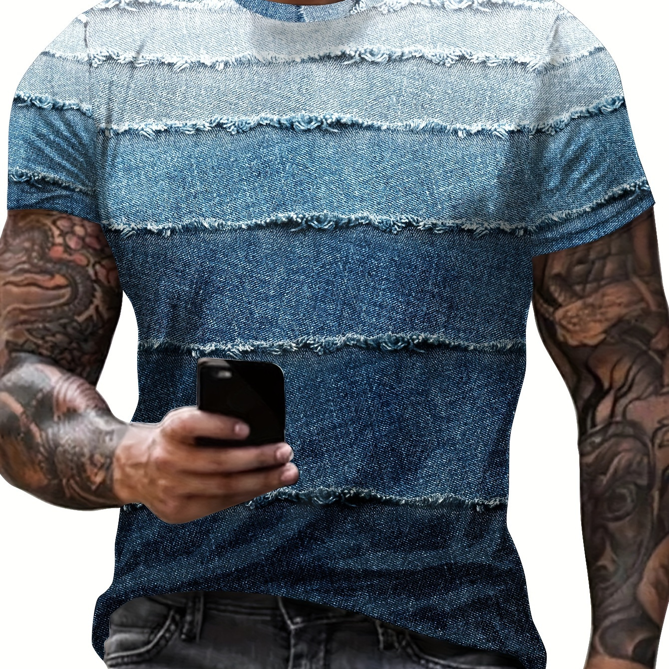 

Men's 3d Digital Denim Pieces Patchwork Like Graphic Pattern Print Crew Neck And Short Sleeve T-shirt For Summer Outdoors Wear, Chic And Fashionable Tops For Men