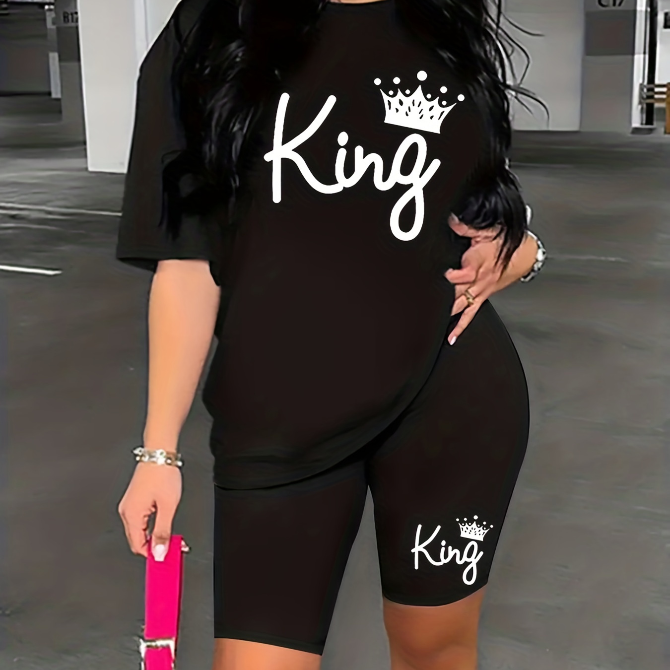 

Casual 2 Piece Set, King Letter Crown Graphic Crew Neck Short Sleeve T-shirt & High Waist Skinny Shorts Suit, Women's Clothing