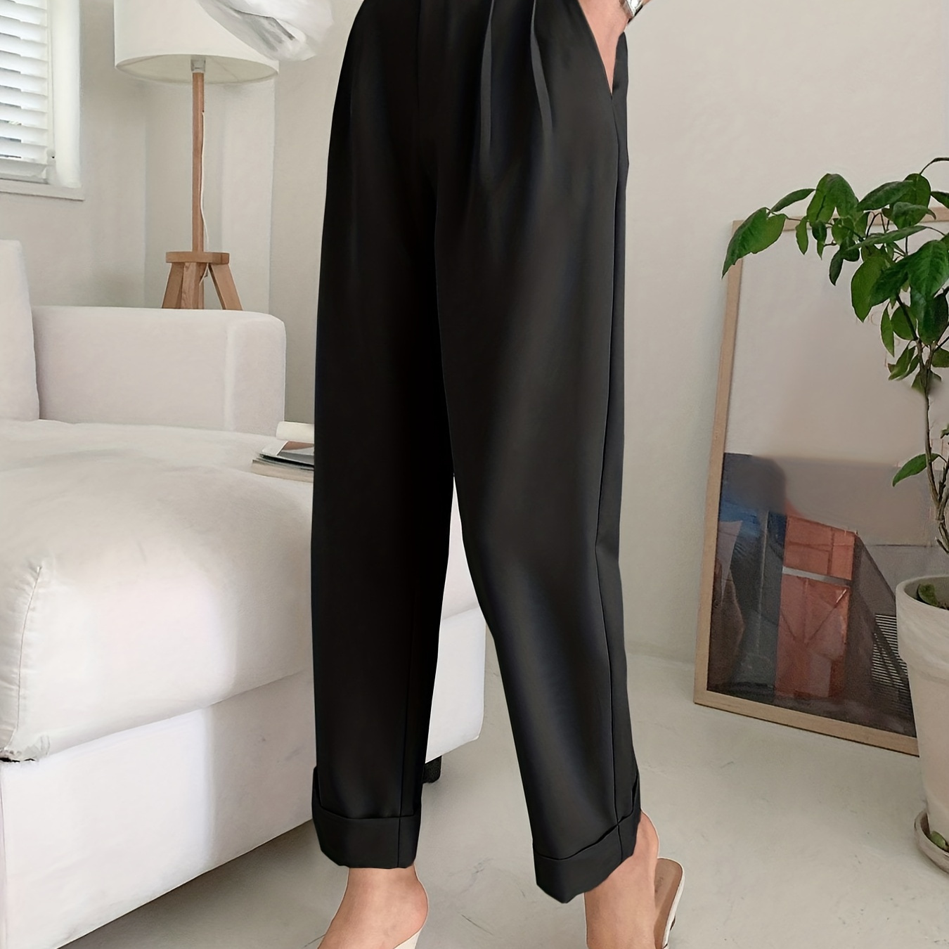 

Solid Button Straight Leg Pants, Casual High Waist Draped Pleated Pants, Women's Clothing