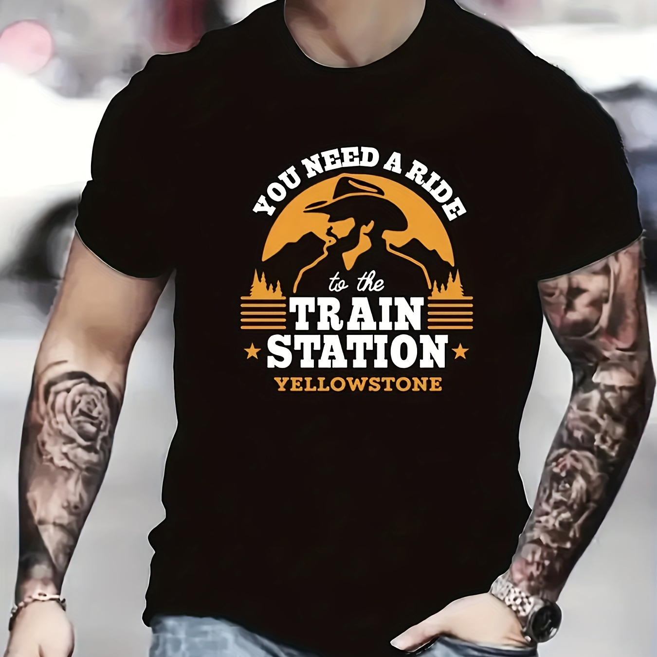 

Men's Casual Crew Neck T-shirt With Train Station Graphic, Polyester Knit Fabric With Stretch, Geometric Pattern, Wear,
