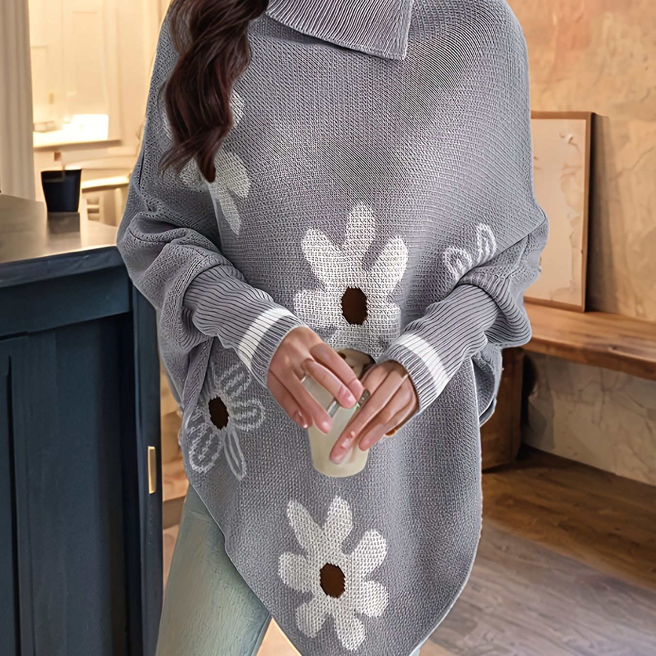 

Elegant High Collar Flower Jacquard Pullover Sweater With Batwing Sleeves, Polyester Asymmetrical Hem For Women - Fall/winter Collection, Stretch Fabric, Long Sleeve, Lapel Collar Style