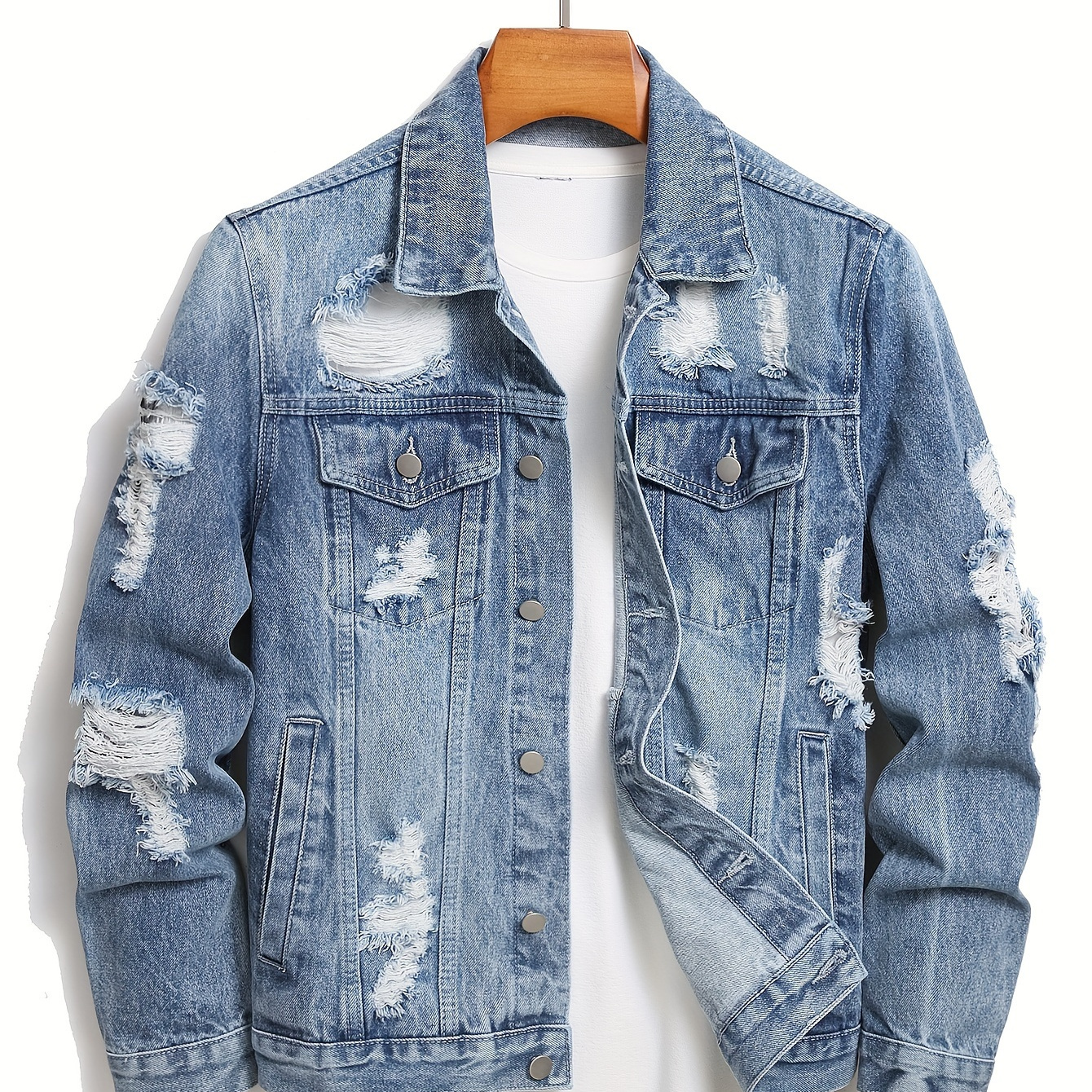 

Men's Fashion Street Style Ripped Denim Jacket, Men's Stylish Comfy Coat For Spring & Autumn Wear