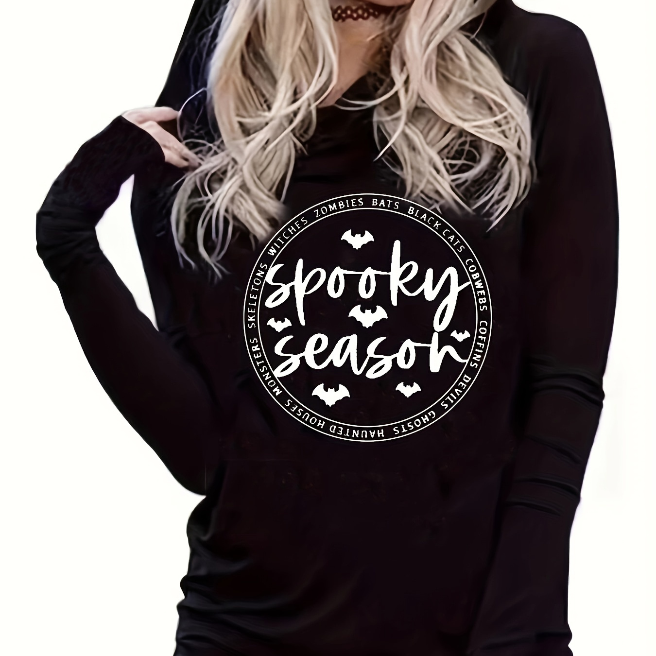 

Spooky Season Print Hooded T-shirt, Casual Long Sleeve Top For Spring & Fall, Women's Clothing